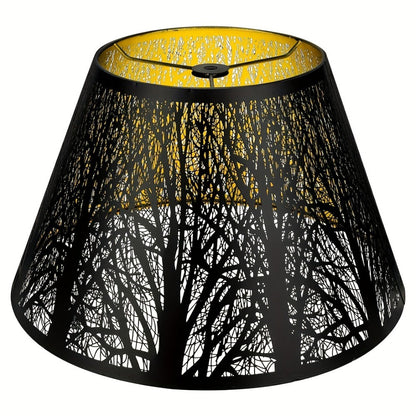 Metal Lampshade Etched Forest & Leaf Design | Black Exterior Gold Interior | Barrel Lamp Shade for Table Lamp & Floor Lamp | Medium Large Decorative Lampshade 7x13x7.8 inch