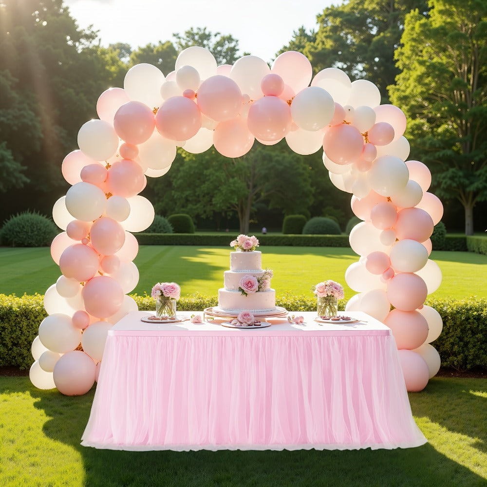 Pink Tutu Table Skirt 6ft – Ruffle Tulle Table Skirt for Rectangle & Round Tables, Princess Girls Birthday Party, Cake Dessert Table Decor, Gold Brim, Multiple Colors Available