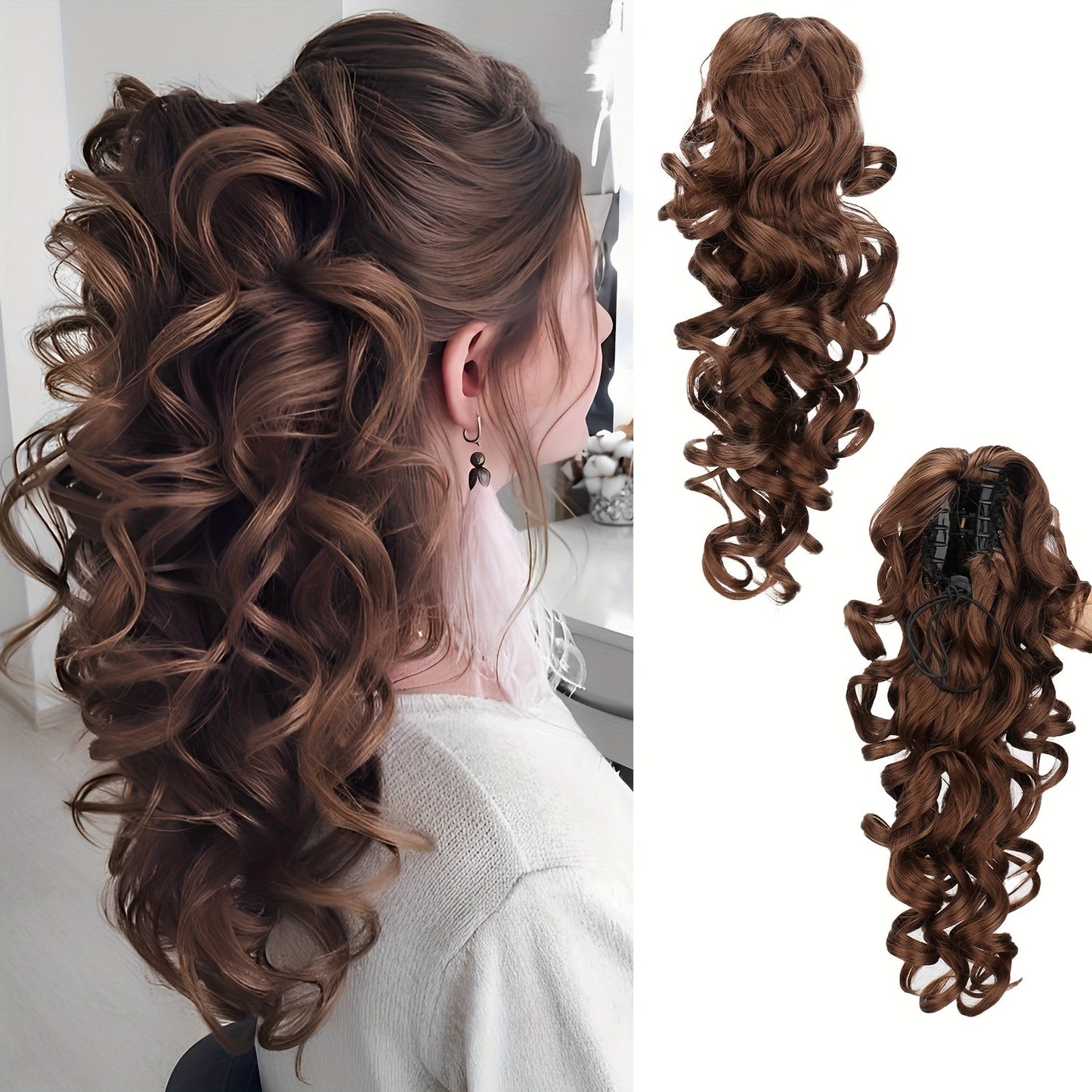 16-Inch Curly Claw Clip Ponytail Extension in Five Brown, Golden and Light Gray Color Options