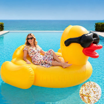 Giant Yellow Duck Pool Float, 67-Inch Ride-On Inflatable with One 16-Inch Beach Ball for Pool Parties