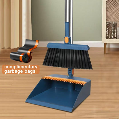 Magnetic Broom and Dustpan Set with Rotating Head, Long Handle and Bag Holder in White or Orange