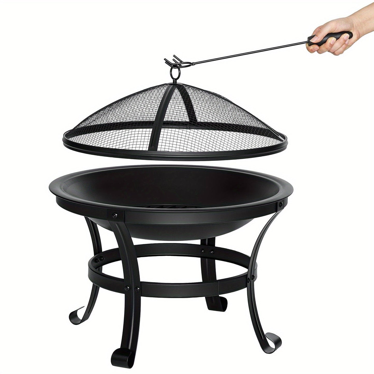 22-Inch Round Fire Pit with Domed Mesh Cover, Inner Log Grate, Four-Leg Stand and Long Poker