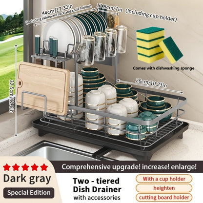 Two-Tier Dish Drying Rack, Metal Countertop Organizer with Cutlery Holder, Cup Holder and Drip Tray