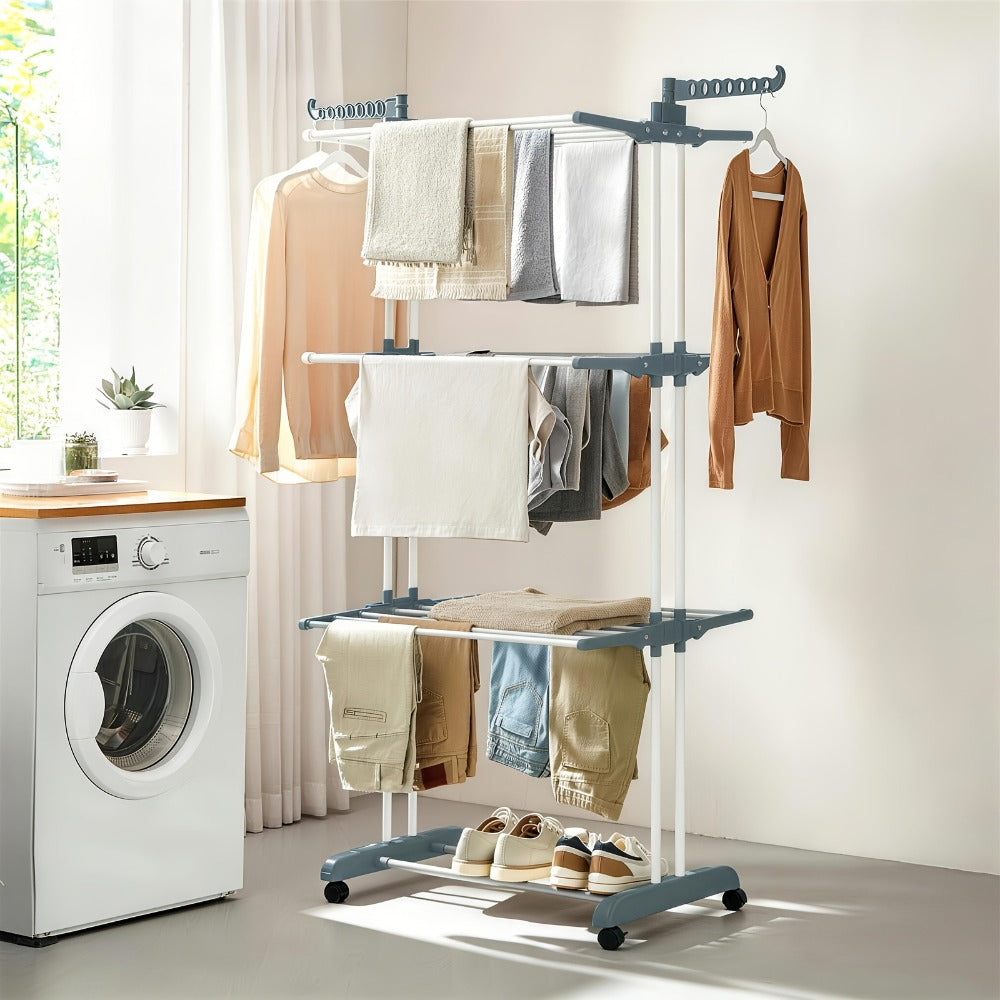 Four-Tier Foldable Metal Clothes Drying Rack with Casters for Up to 30 Garments and Small Spaces