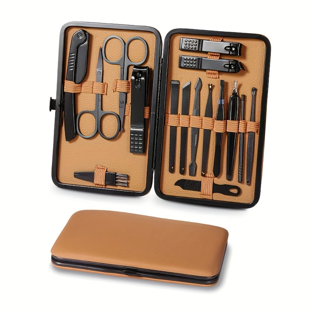 Manicure Pedicure Kit 16 Piece Stainless Steel - Luxury Nail Clipper Set with Portable Case Professional Nail Scissors Beauty Tools for Fingernails Toenails - Gift for Men Women Brown Black