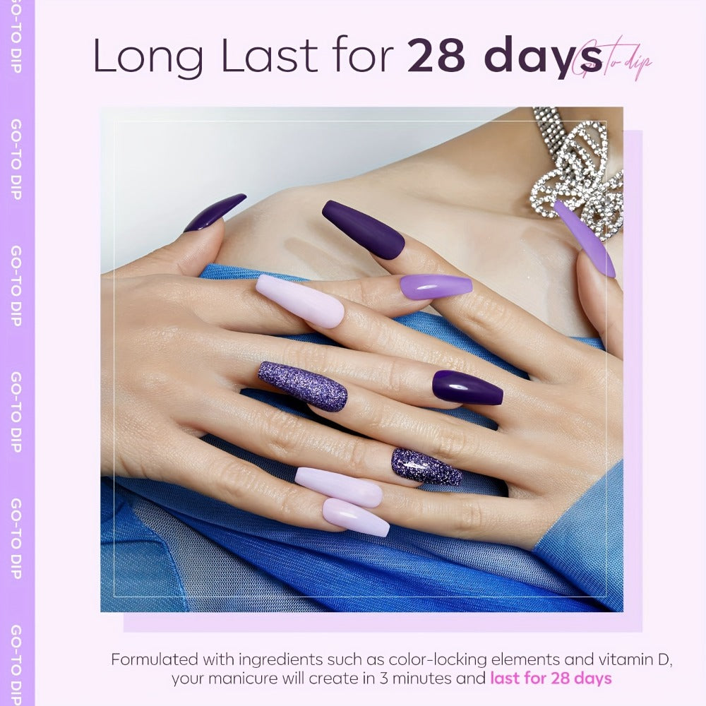 Dip Powder Nail Kit with NOCIS Label, Four Lilac Lavender Purple Glitter Powders, Three 10ml Liquids and Tools