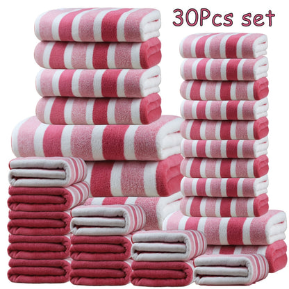 Thirty-Piece Striped Bath Towel Set with Bath, Hand and Washcloth Sizes in Ten Color Checkouts