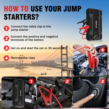Car Jump Starter Power Bank 3-in-1 12V Battery Booster Charger LED Flashlight SOS for Cars Motorcycles SUVs Compact Emergency Starter Dead Battery in Seconds