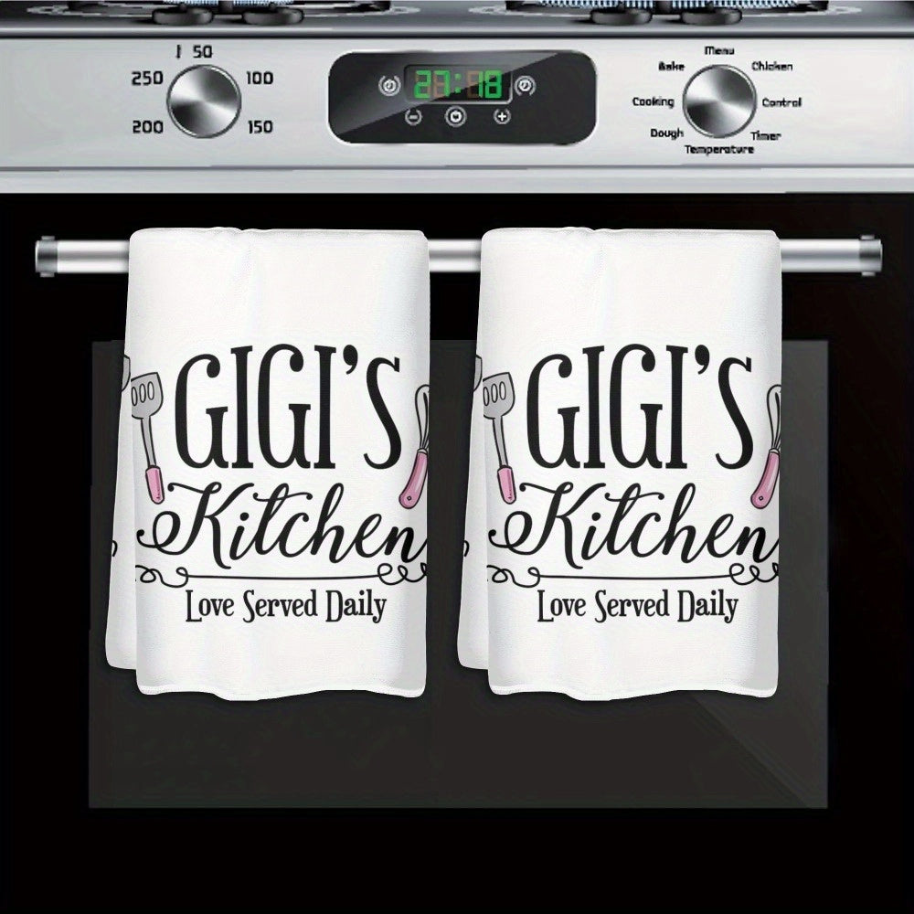 Two-Pack Gigi's Kitchen Towels, 23.6 x 15.7 Inches Each with White Utensil Print and 370GSM Label