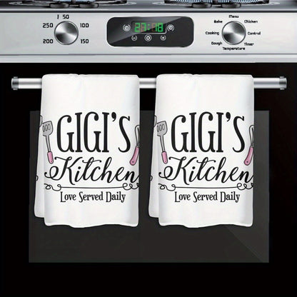 Two-Pack Gigi's Kitchen Towels, 23.6 x 15.7 Inches Each with White Utensil Print and 370GSM Label