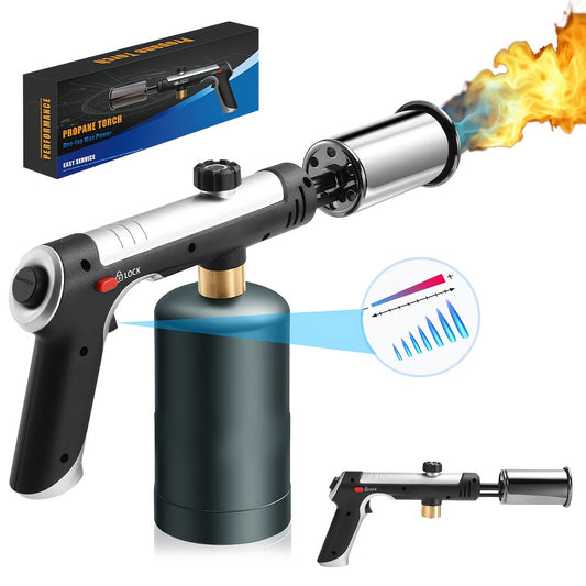 Propane Torch Gun with Safety Lock & One-Touch Max Fire – Adjustable Flame Butane Burner for Searing Steak, BBQ, Caramel, Camping, Welding & Crafts (Gas Not Included)