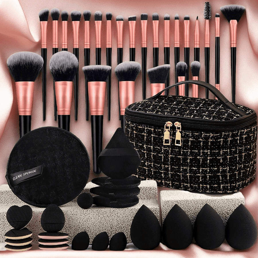 Makeup Brush Set, 23-, 44- or 47-Piece Nylon Bristle Kit with Blending Sponges and Leopard, Beige or Black Bag