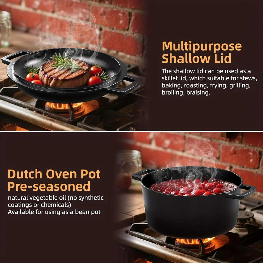Cast Iron Dutch Oven Set 5.1QT & 7QT with Skillet Lid – Pre-Seasoned 2-in-1 Cookware for Stovetop, Induction, Oven, Campfire & BBQ, Sourdough Bread Baking, Frying, Camping