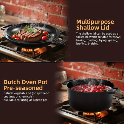 Cast Iron Dutch Oven Set 5.1QT & 7QT with Skillet Lid – Pre-Seasoned 2-in-1 Cookware for Stovetop, Induction, Oven, Campfire & BBQ, Sourdough Bread Baking, Frying, Camping
