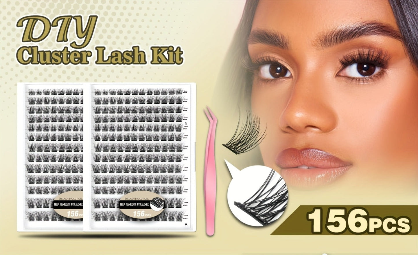 156Pcs No-Glue Lash Clusters Kit — Self-Adhesive Pre-Glued DIY Eyelashes with 2 Tweezers, Reusable Natural Look Cluster Lashes, No Remover No Residue False Eyelash Extension Kit for Women Beginners