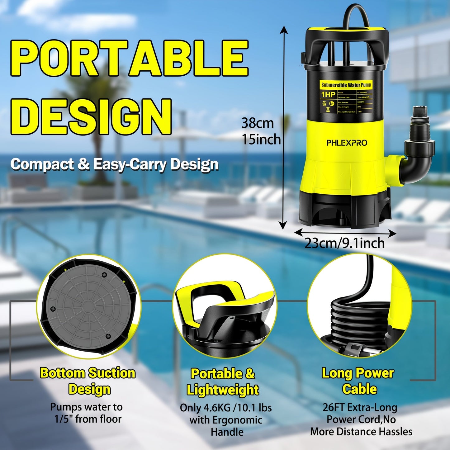 Submersible Sump Pump 1HP 5300GPH 750W with Float Switch 26ft Cord for Pool Pond Basement Garden