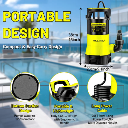 Submersible Sump Pump 1HP 5300GPH 750W with Float Switch 26ft Cord for Pool Pond Basement Garden