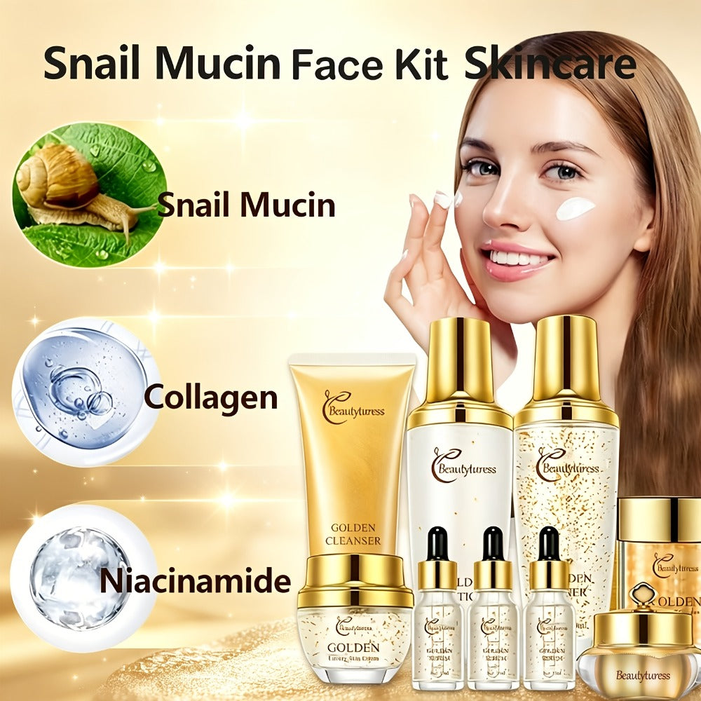 Skincare Set with Beautyluress Label, 9 Collagen and Hyaluronic Acid Cleanser Serum and Cream Items