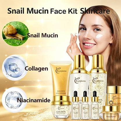 Skincare Set with Beautyluress Label, 9 Collagen and Hyaluronic Acid Cleanser Serum and Cream Items