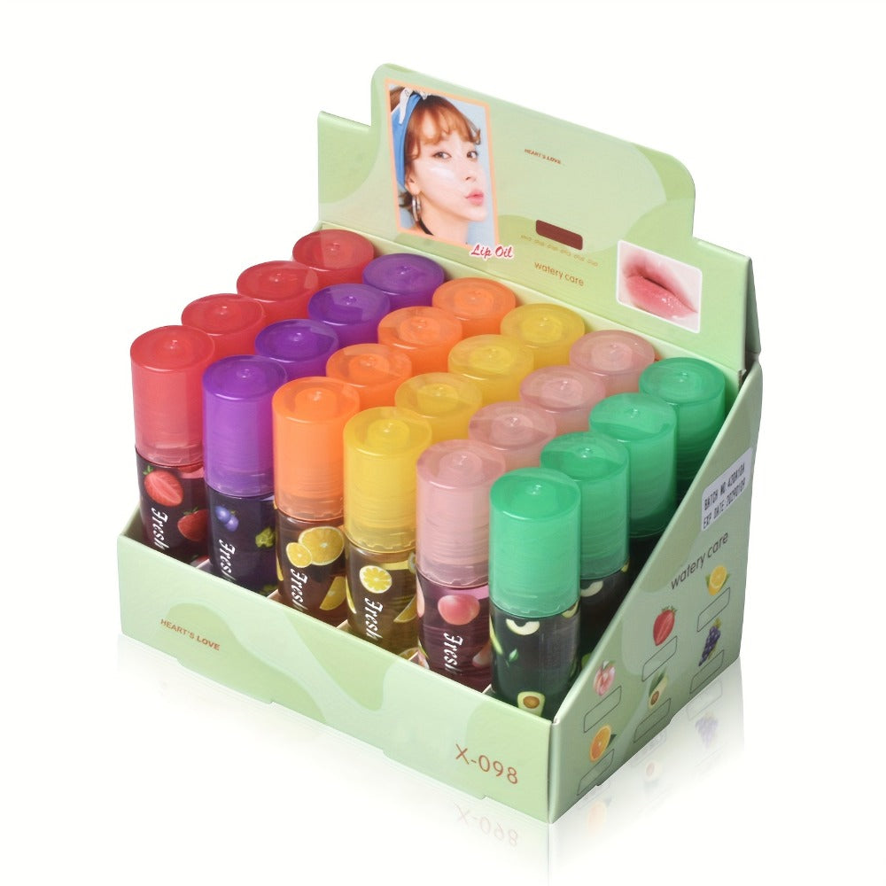 Lip Balm 24-Piece Roller Ball Set with Six Fruit Flavors, Clear Finish and Display Box Packaging