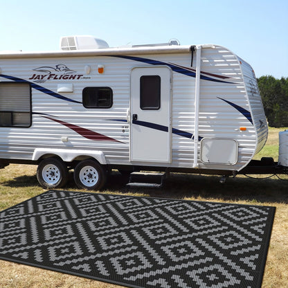 Reversible Outdoor Rug in Multiple Geometric, Border and Leaf Patterns with Displayed Sizes from 5 x 8 to 9 x 12 Feet
