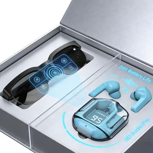AI Translation Glasses & Wireless Headphones Bundle – Real-Time Multi-Language Translation, HiFi Audio, Built-in Mic, Rechargeable – Blue Gaming Headset or Pink Sports Earphones