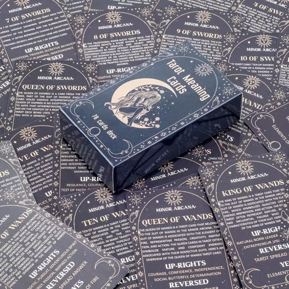 Tarot Meaning Cards Reference Deck with 78 Illustrated Cards, Printed English Text and Compact Black Box