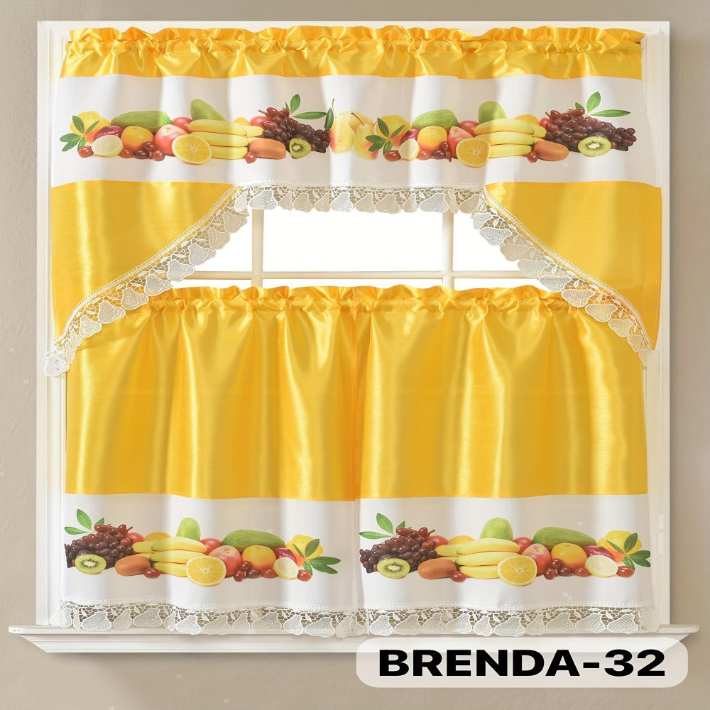 Three-Piece Patterned Kitchen Curtain Set with One Valance, Two Tiers and Forty-Six Exact Design Options