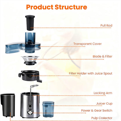 Black-and-Silver Centrifugal Juicer with Side Pulp Container, Juice Cup, 34cm Width and 33cm Height