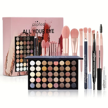 Complete Eye Makeup Kit 40 Color Eyeshadow Palette with Mascara Eyeliner Eyebrow Pencil & Brush — Matte Shimmer Glitter Pigmented