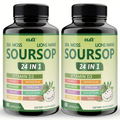 Herbal Supplement with CLEI Label, Soursop Graviola 24-in-1 Capsules, 60 Count, One or Two Bottles