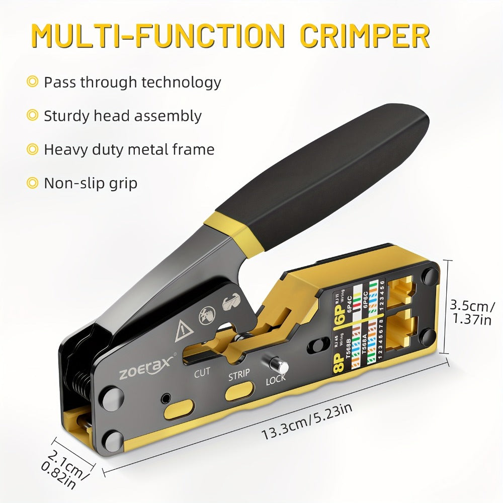 RJ45 Pass-Through Crimping Tool Kit with Cable Tester, Wire Stripper, Pliers and 50 Connectors