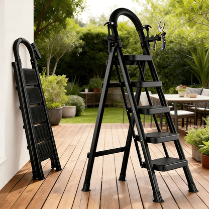 Folding Step Stool Ladder 500lbs Heavy Duty Steel with Anti-Slip Wide Treads & Handrails – Safety Lock, Portable Multi-Step Ladder for Home, Kitchen & Outdoor Use, Mini / Medium / Large