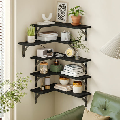 Corner Wall Shelf Set with L-Shaped Boards, Metal Brackets, Five- or Six-Piece Options and Seven Finishes