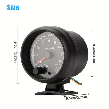 Car Tachometer Gauge 12V 0-8000 RPM 3.75 Inch - LED Shift Light, ABS Black Dial for 4 6 8 Cylinder Petrol Engines, Universal Fit with Accessories Kit