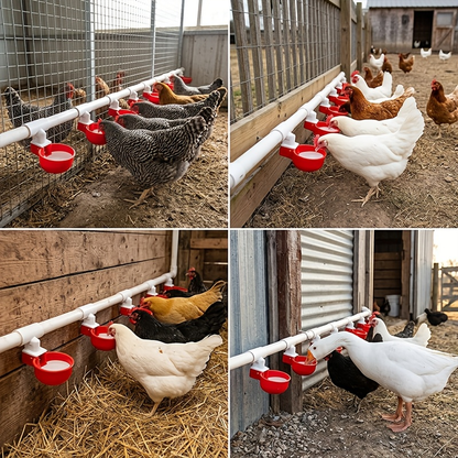 Automatic Poultry Watering System Kit with 10 Red Cups, PVC Pipe Fittings, Regulator and Hose Connections