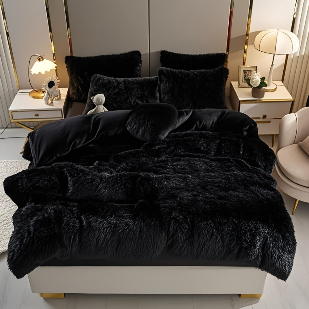 Plush Faux Fur Duvet Cover Set with Heart Pillow, Corner Ties and Twin, Queen or King Sizes in Eight Colors