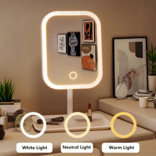 LED Makeup Mirror with Lights Rechargeable, Foldable Lighted Vanity Mirror 3 Color Modes Touch Dimming Portable Stand, Compact Travel Mirror for Women with Free 10X Magnifying Glass, Beauty Gift