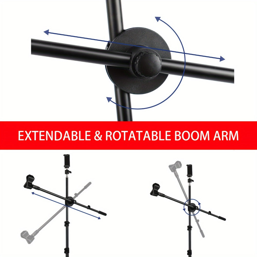 Adjustable Tripod Microphone Stand with Boom Arm Floor Mount Metal Mic Stand Dual Mic Clips Phone Holder for Live Performance Wedding Stage Karaoke Streaming