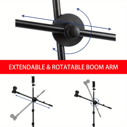 Adjustable Tripod Microphone Stand with Boom Arm Floor Mount Metal Mic Stand Dual Mic Clips Phone Holder for Live Performance Wedding Stage Karaoke Streaming