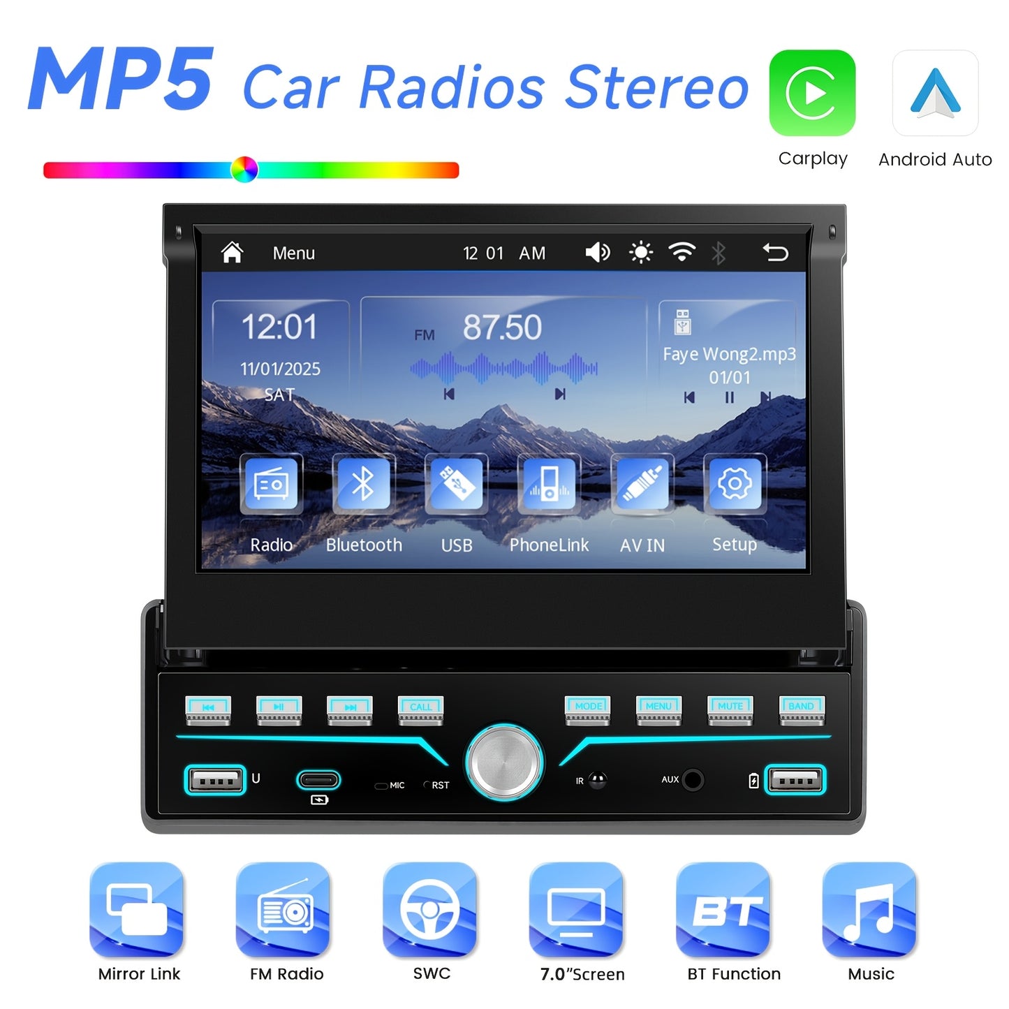 Single Din Car Stereo 7 Inch Flip Out Touchscreen - Wireless CarPlay & Android Auto, 1080P HD, FM Radio, SWC, Voice Control, USB/Type-C/AUX, Backup Camera Compatible