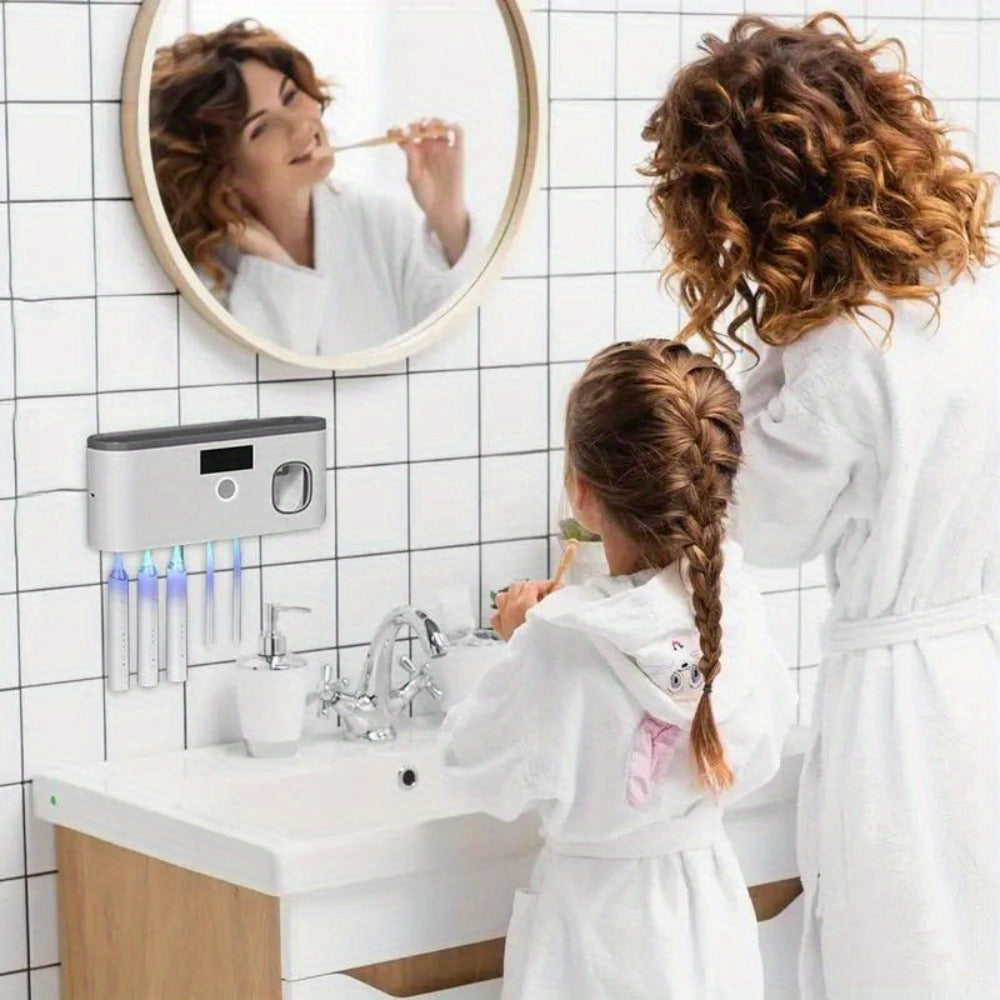 Five-Slot Gray Wall-Mounted Toothbrush Holder with Toothpaste Dispenser, Top Shelf and Display