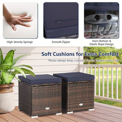 Two-Piece Outdoor Wicker Ottoman Set with Hidden Storage, Detachable Cushions and Six Color Options