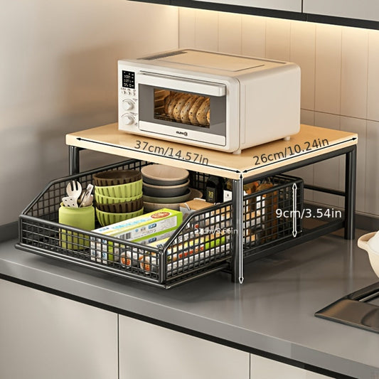 2-Tier Kitchen Countertop Organizer with Drawer & Wire Basket – Hardwood & Metal Storage Shelf for Coffee Maker, Utensils & Spices