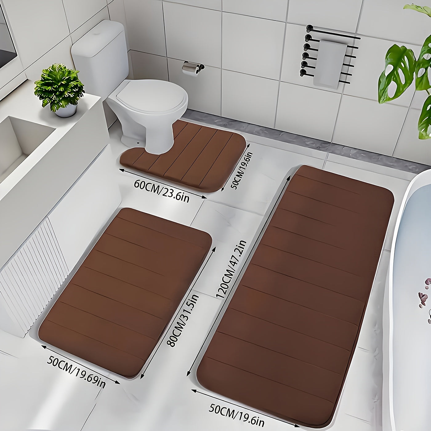 Channel-Stitched Three-Piece Padded Bath Mat Set with Long Runner and Two Matching Rugs in Nine Solid Colors