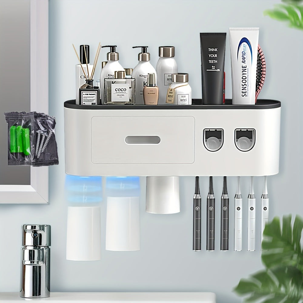 Wall-Mounted Toothbrush Organizer with Dispenser, Side Brush Stand and Two- or Three-Cup Options