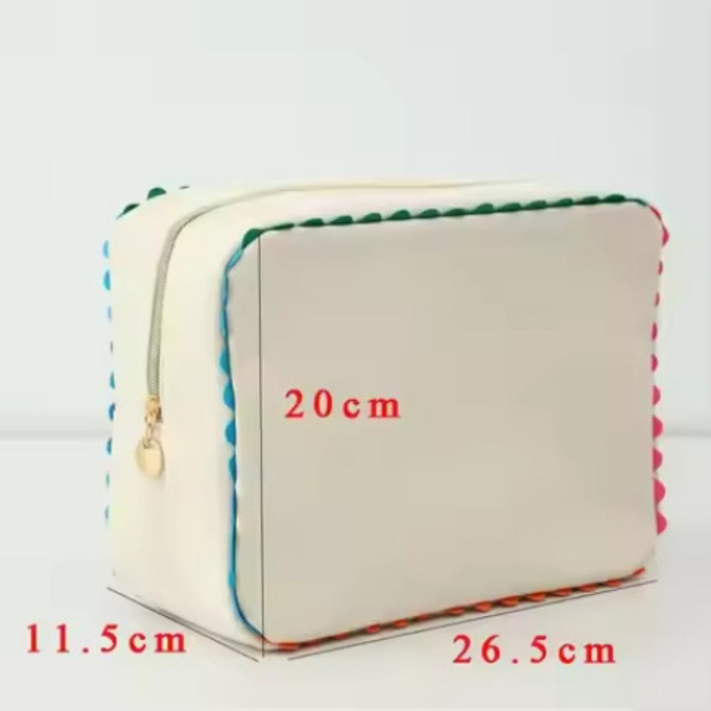 Beige Rectangular Cosmetic Bag with Colorful Edge Trim, Top Zipper and Protected Beige Bag Checkout Label