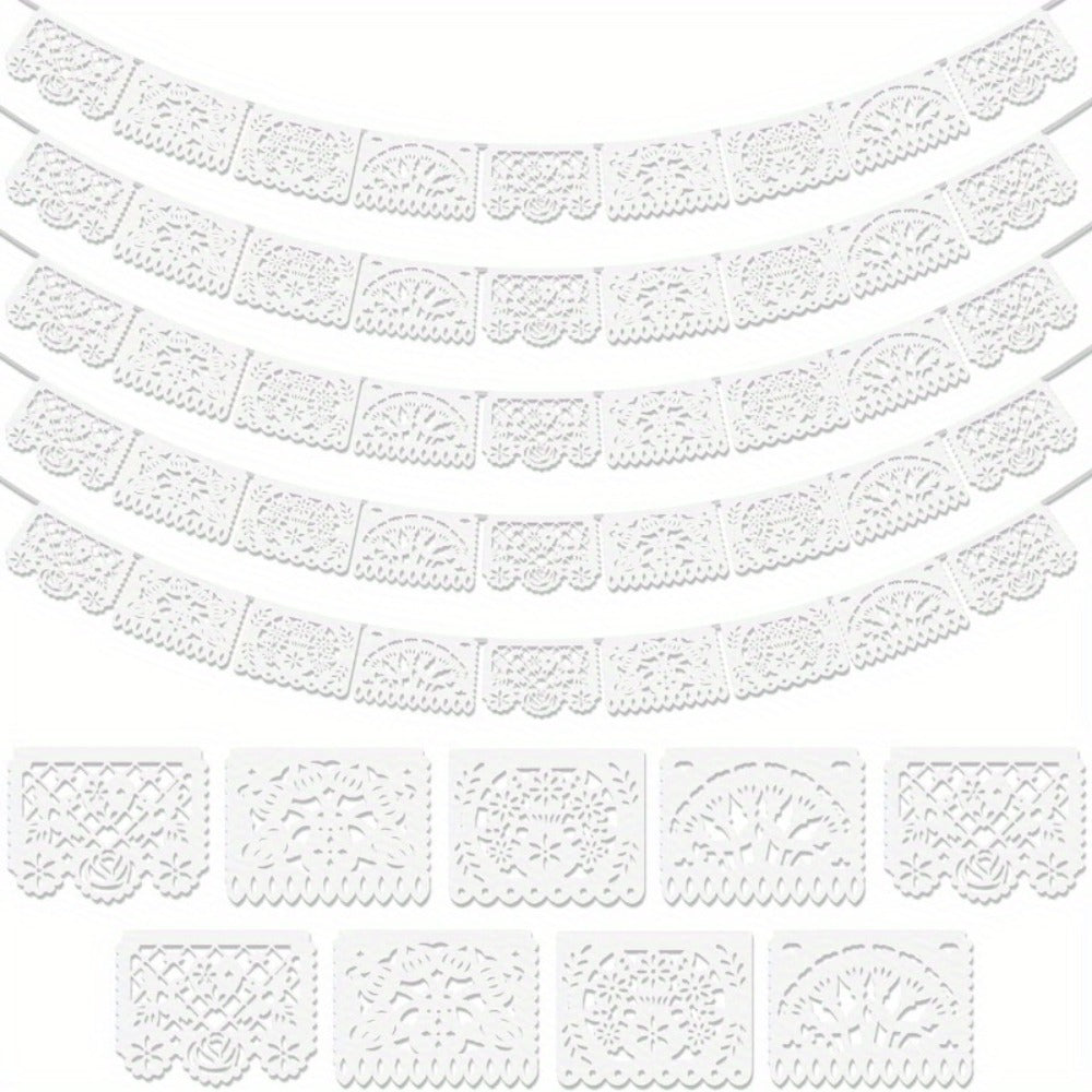 Party Decorations Five-Pack White Papel Picado Banner Set with Four Cutout Designs and 90ft Total Length