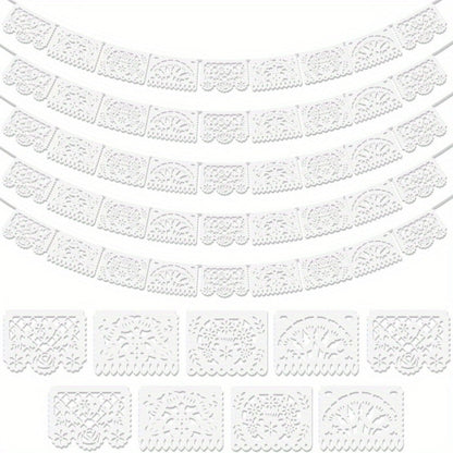 Party Decorations Five-Pack White Papel Picado Banner Set with Four Cutout Designs and 90ft Total Length