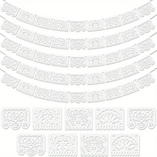 Party Decorations Five-Pack White Papel Picado Banner Set with Four Cutout Designs and 90ft Total Length